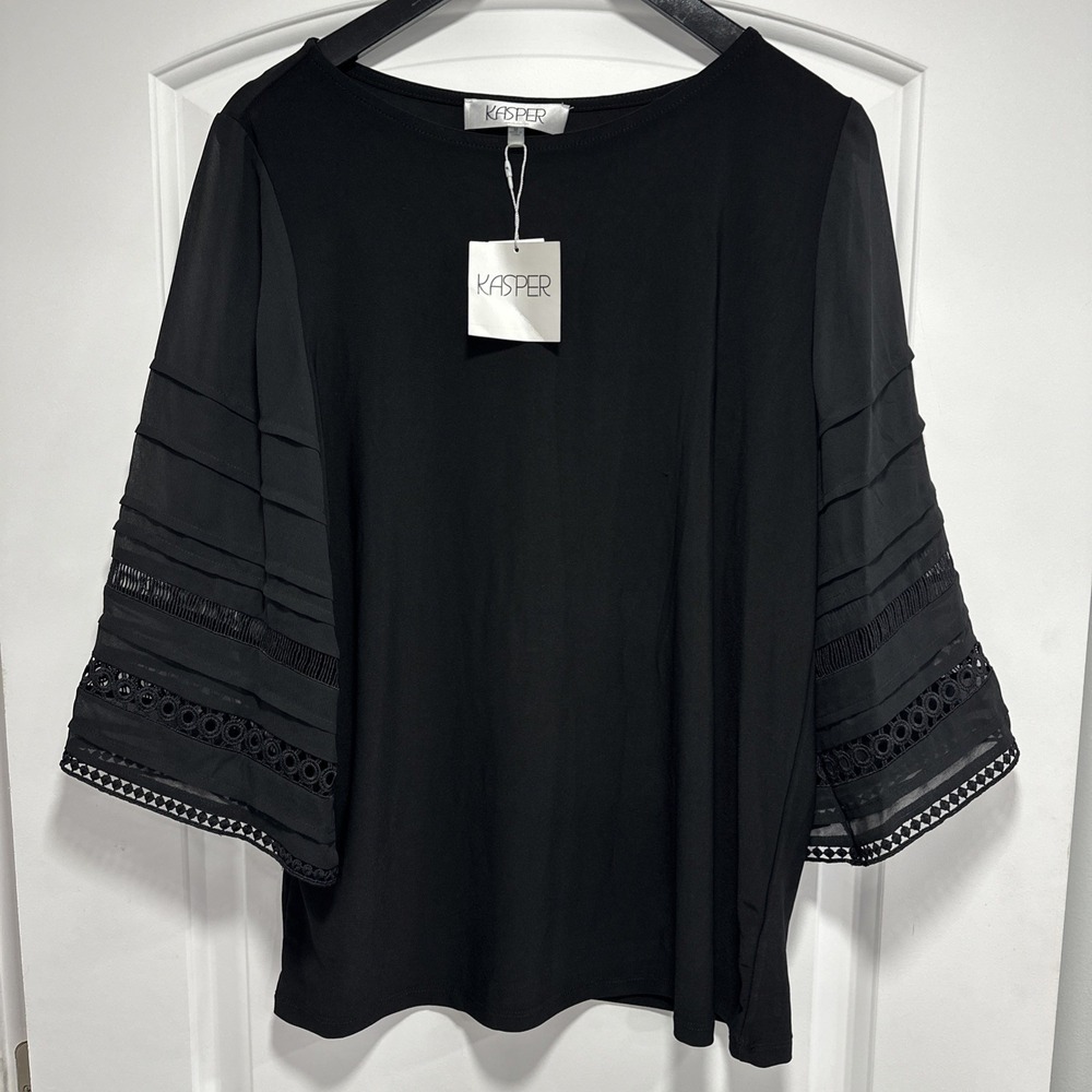 Kasper Woman's Black Round-Neck Pleated Bell-Sleeve Top NWT Medium
